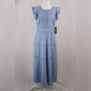 Karl Lagerfeld Round Neck Ruffle Sleeve A-Line Midi Dress, Light Blue, US 6
